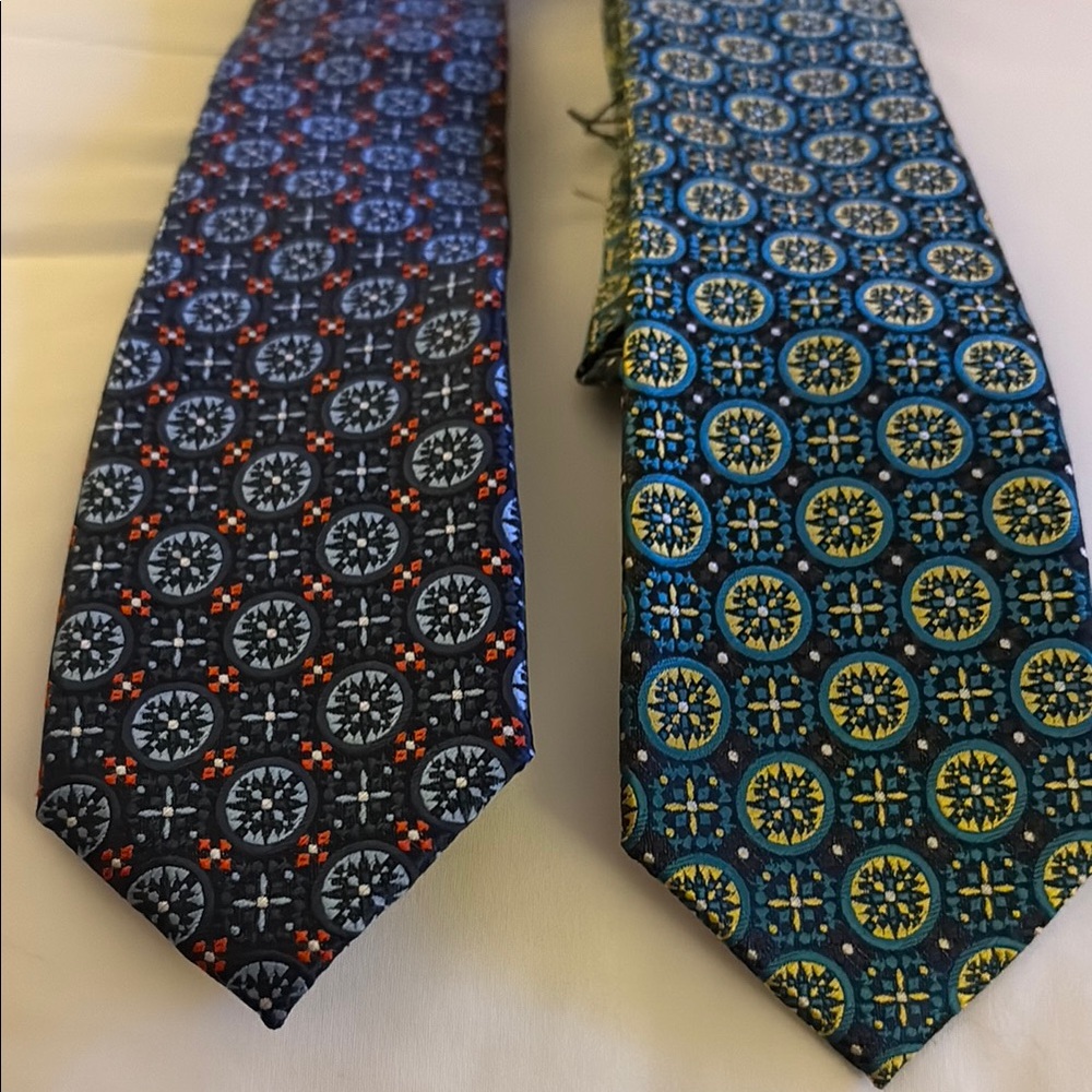 2 Milani Collezioni Microfiber Ties– Navy & Green Medallion Print - Hand Made